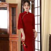 新中式旗袍雪尼尔新娘敬酒服红色回门出阁宴礼服订婚连衣裙结婚