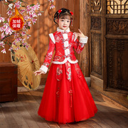 春节女童服装套装大红色，中国风汉服旗袍网纱裙子晚礼服儿童礼服