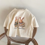 儿童兔子短袖2024男女宝宝，纯棉印花可爱休闲圆领半袖上衣t恤韩版