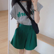 韩国chic夏季休闲圆领字母，印花t恤上衣+高腰双口袋，阔腿短裤套装女