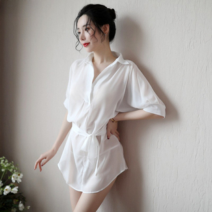 性感透明白色衬衫女士超薄中长款透视寸系带雪纺衬衣睡衣套装