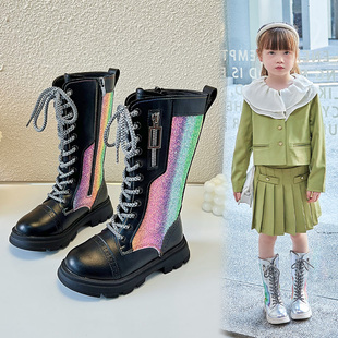 女童长筒靴2023秋冬季时尚加绒英伦风中大童彩虹骑士靴公主靴