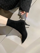 黑色靴子女2023春秋尖头高跟，短靴细跟侧拉链单靴瘦瘦靴中筒靴
