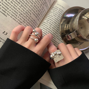韩版s925银线条圆球戒指女复古时尚方牌，交叉开口指环嘻哈食指戒潮