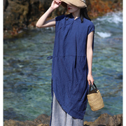 言午葵 夏新棉麻文艺复古 中式原创设计色织亚麻不规则个性长裙