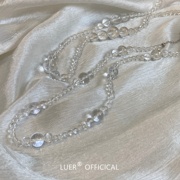 luer定制法式时髦天然白水晶(白水晶)圆珠间隔珠锁骨链纯银项链