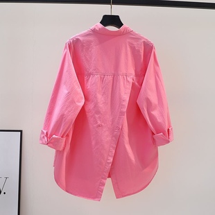 设计感背后开叉玫粉色棉衬衫，女宽松长袖，衬衣2023春夏百搭开衫上衣