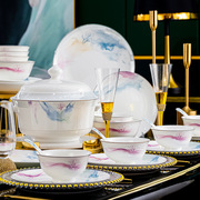 全套骨瓷餐具套装家用档轻奢，中式陶瓷碗碟套装，景德镇盘子碗组合