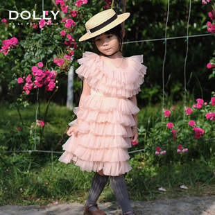 荷兰dolly女童连衣裙童装，夏装粉色百褶蛋糕，裙洋气可爱网纱公主裙
