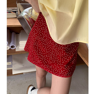 红色a字波点半身裙，女高腰小个子2024夏季显瘦包臀短裙子气质