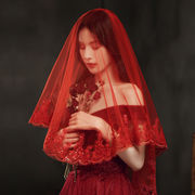 红盖头新娘红色头纱结婚纱礼服秀禾服中式复古风纱短款蕾丝旅拍照