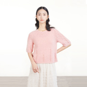 WISHJAJA 100%羊毛针织衫短袖镂空中袖西柚色温柔法式春装