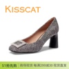 KISSCAT接吻猫2024春粗高跟丝绸羊皮水钻方头女鞋单鞋KA43522-11