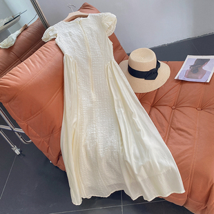 杏色雪纺拼接设计短袖连衣裙，圆领淑女气质长裙，时尚休闲洋气g$28