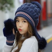 毛线帽子女冬天加厚保暖护耳针织帽半指手套，冬季时尚韩版潮兔毛。