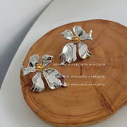 韩国时尚金属花瓣耳环不规则，欧美风大气，纯银针耳钉银色花朵耳饰品