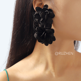 法式黑色立体玫瑰花耳环复古欧美超仙小众设计夸张花朵耳饰