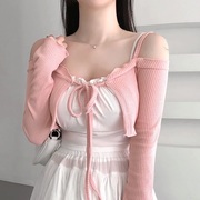 韩国东大门修身显瘦性感女人味露肩系带短款外搭长袖开衫上衣