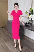 KEXINANQI连衣裙女夏季法式高级感别致气质轻熟优雅玫红色礼服裙