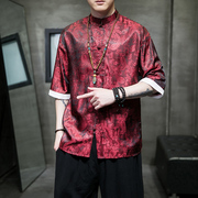 夏季短袖衬衫男士中国风，提花复古唐装汉服，宽松大码上衣腰果花衬衣