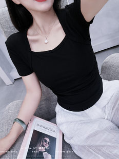 2023年韩版纯色女士t恤上衣方领紧身高腰常规短袖性感显瘦短袖潮