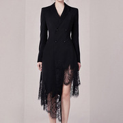 女装欧美西装外套，女黑色连衣裙秋冬长袖蕾丝，拼接小西服