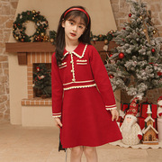女童毛衣裙圣诞新年款红色公主裙中大童女孩小香风甜美针织连衣裙