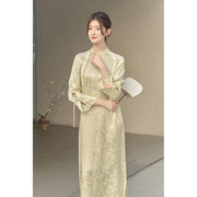 山有色夏季新中式连衣裙原创中国风女装黄色斜襟人丝提花改良旗袍