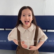 韩国童装24夏~digreen儿童宝宝复古小格子，娃娃领翻领短袖衬衫