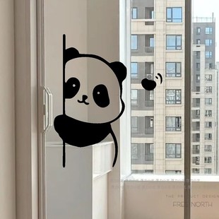可爱熊猫侧面贴玻璃，门窗防撞贴纸咖啡奶茶店铺，橱窗欢迎墙面装饰