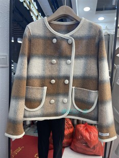 高端定制2023秋冬羊毛大衣女欧洲站双面呢外套小个子时尚韩版格子