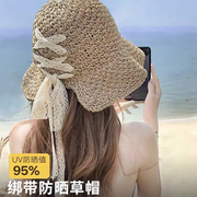 草帽ins韩版系带镂空草编，夏天法式防晒遮阳帽，蕾丝帽子女款可折叠