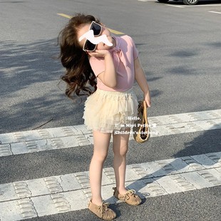 法式女童领结系带粉色短袖T恤白网纱蛋糕裙半身裙超短裙套装夏季