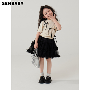 senbaby女童短袖T恤儿童夏装套装裙女孩蝴蝶结针织上衣+黑纱半裙