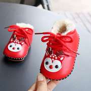 红色麋鹿款加绒加厚软底，棉鞋冬季宝宝防滑系带，学步鞋子保暖一