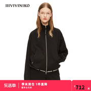 IIIVIVINIKO黑色羊毛运动套装立领提花羊毛拉链开衫夹克女
