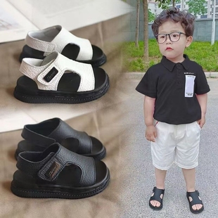 儿童凉鞋男童夏季2024新小童白色软底防滑皮革黑色沙滩鞋宝宝凉鞋