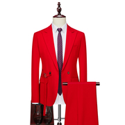 男士休闲结婚礼服两件套纯色双排扣西装大红色外套上衣长裤子套装