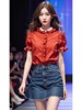 今年流行的漂亮小衫独特上衣超好看复古港风红色荷叶领短袖衬衫女