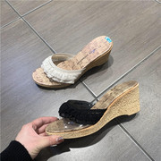 韩国东大门女鞋透明一字露趾蕾丝拼接2023夏外穿坡跟凉拖鞋潮