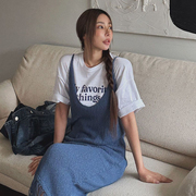 韩国女装lag2024春季时尚通勤字母，卡通印花圆领短袖中长款t恤