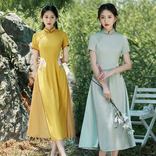 长款绣花奥黛旗袍茶艺服装年轻夏季复古气质黄色连衣裙中国风