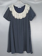 vintage 古着90年代日本藏青色波点圆领a型短袖中长款连衣裙