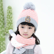 冬季保暖儿童套帽冬天男女童，1-2-3岁5纯棉套装毛线帽子围巾两件套
