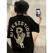 欧美高街潮牌hiphop黑色短袖t恤女夏季纯棉小众设计感宽松上衣服