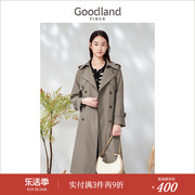 goodland美地女装春季复古英伦双排扣中长款风衣外套