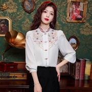 新中式刺绣衬衫女长袖春季2024重工钉珠气质国风白色雪纺衬衣