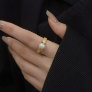 金色珍珠戒指女小众设计轻奢高级感开口食指戒子时尚个性宽版戒指