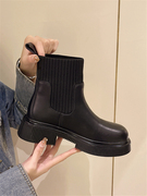 2023秋季黑色显瘦袜靴韩版针织，拼接圆头中跟短靴，短筒女靴子潮