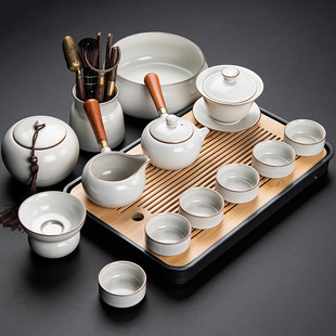 汝窑功夫茶具茶盘套装家用客厅高档六君子中式陶瓷，泡茶壶盖碗茶杯